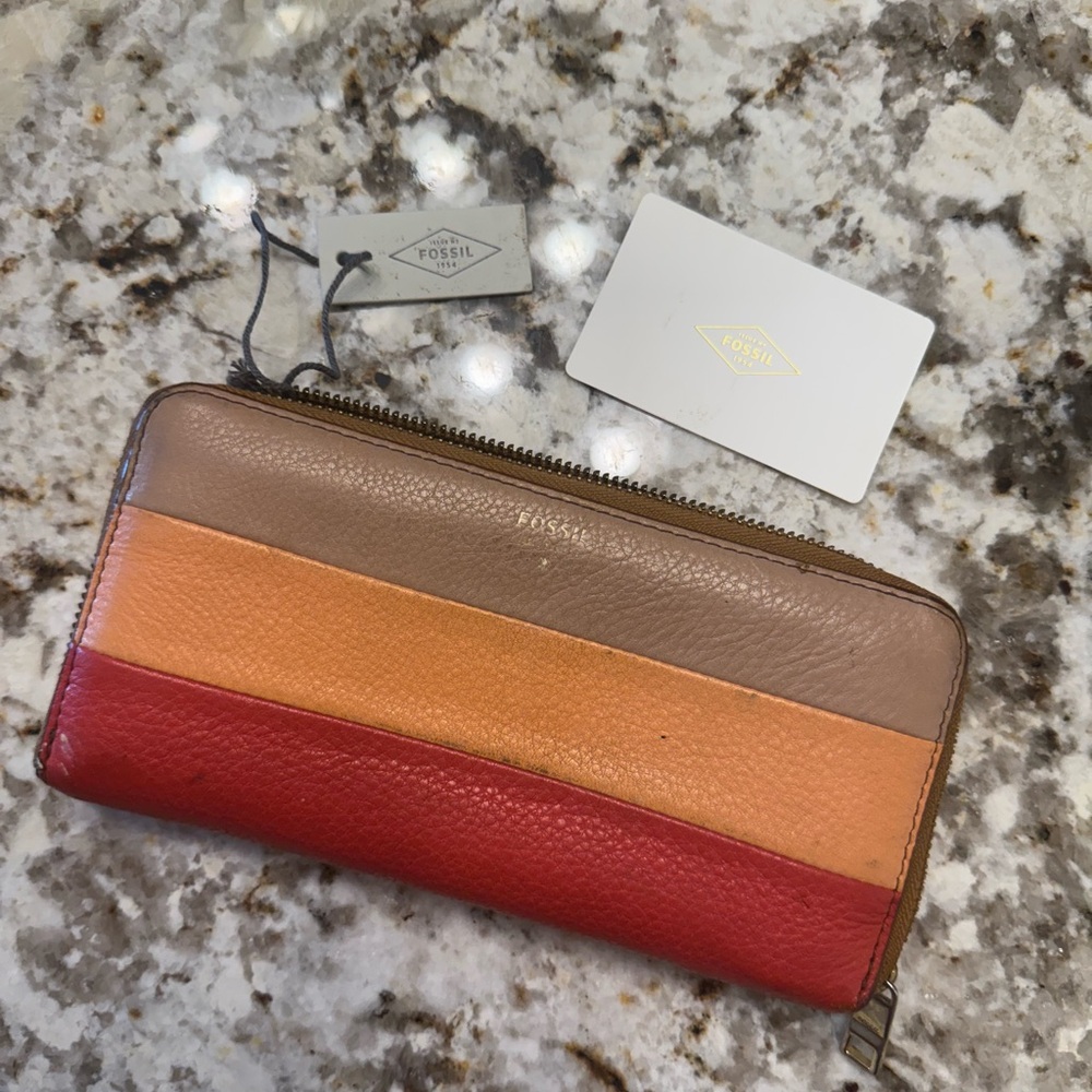 Fossil Red, Orange, and Brown Leather Wallet